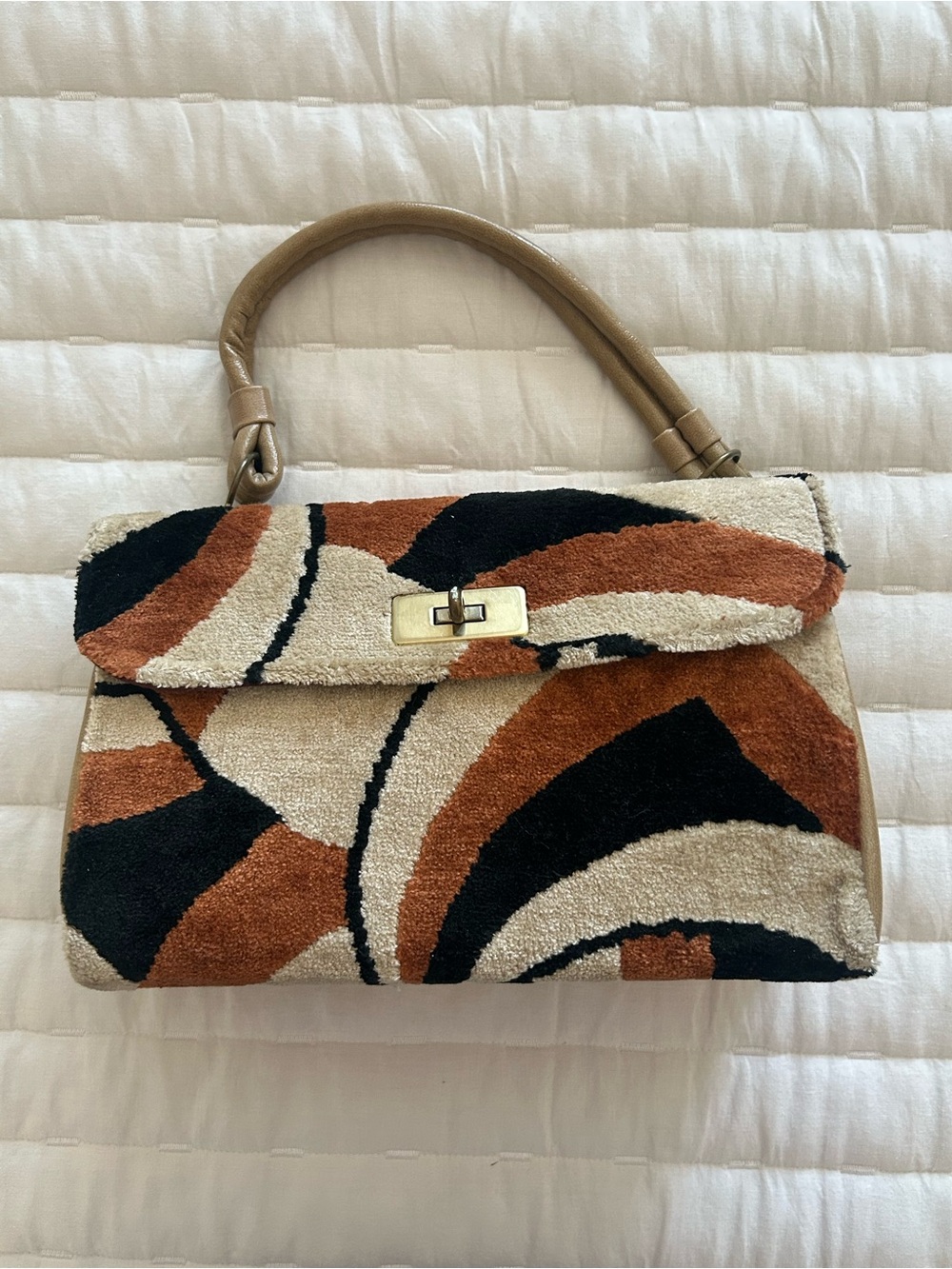 60s/70s Vintage Brown Black Cream Abstract-Pattern Top-Handle Satchel